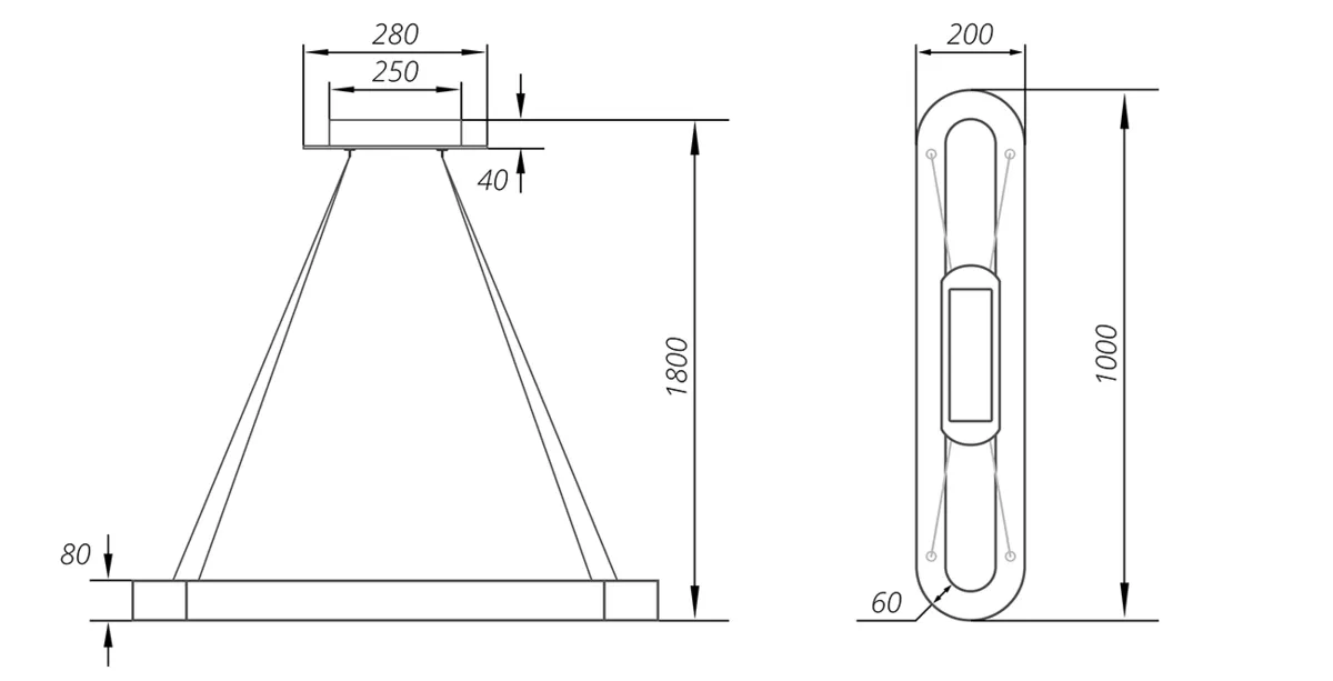 Габаритный чертёж DL-OVAL 1000-200-80-60